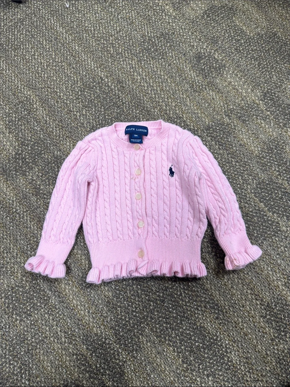 Ralph Lauren Light Pink Cable Knit Ruffle-Hem Cardigan